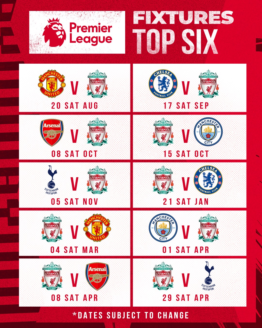 Liverpool FC 2022/23 Premier League Fixtures Circle The Date